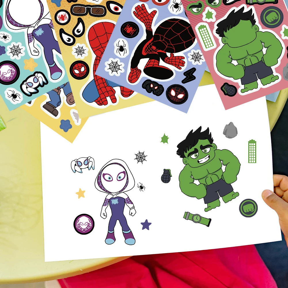 6/12 lembar Disney The Avengers Puzzle stiker membuat wajah DIY Super Hero anak-anak lucu Decals merakit Jigsaw mainan pendidikan