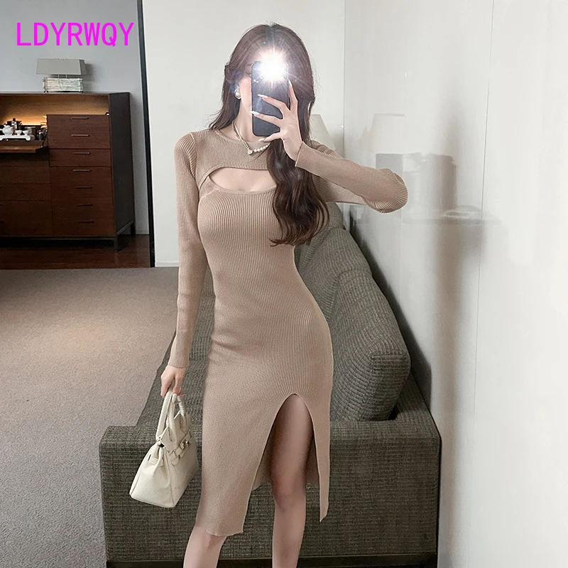 

2022 New Long Autumn/Winter Sexy loophole Wrapped Hip Knitted Sweater Tight Elastic Bottom Split Long Sleeve Dress