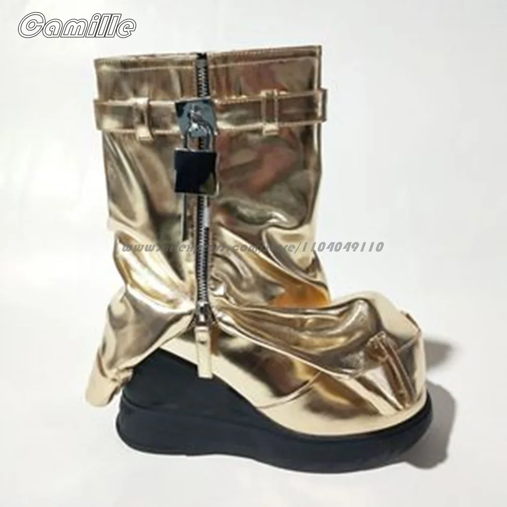 Solid Metal Lock Shark Buckle Side Zipper Trouser Boots Size 35-44 Thick Sole Mid Calf Boots Round Toe Platform Casual Boots