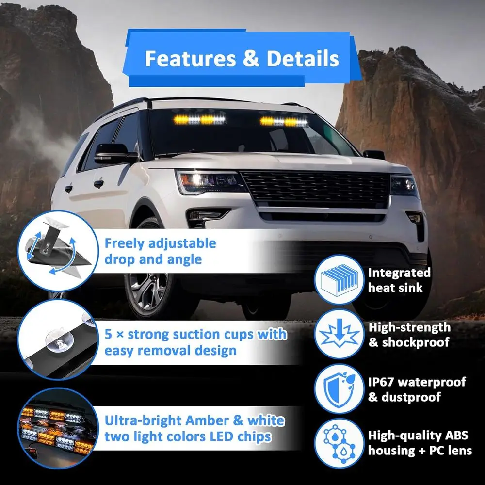 4 قطع 16-LED 2x14 بوصة شريط إضاءة ستروب أبيض وكهرماني مع وحدة تحكم ومجموعة أسلاك وأكواب شفط للشاحنات وسيارات الدفع الرباعي و