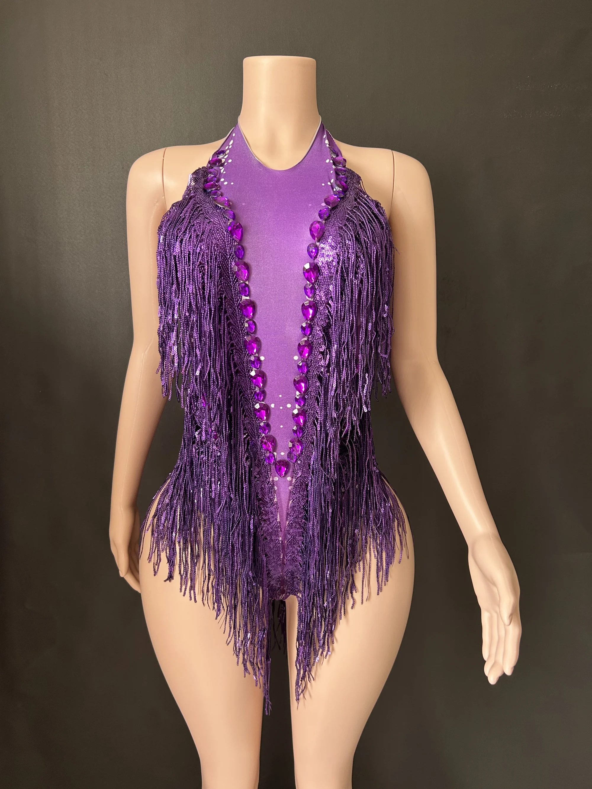 Sparkly Rhinestones Sequins Tassel LeotardWomen Nightclub Outfit Singer Dancer CostumeStage Wear Sexy Performance Bodysuit  7G