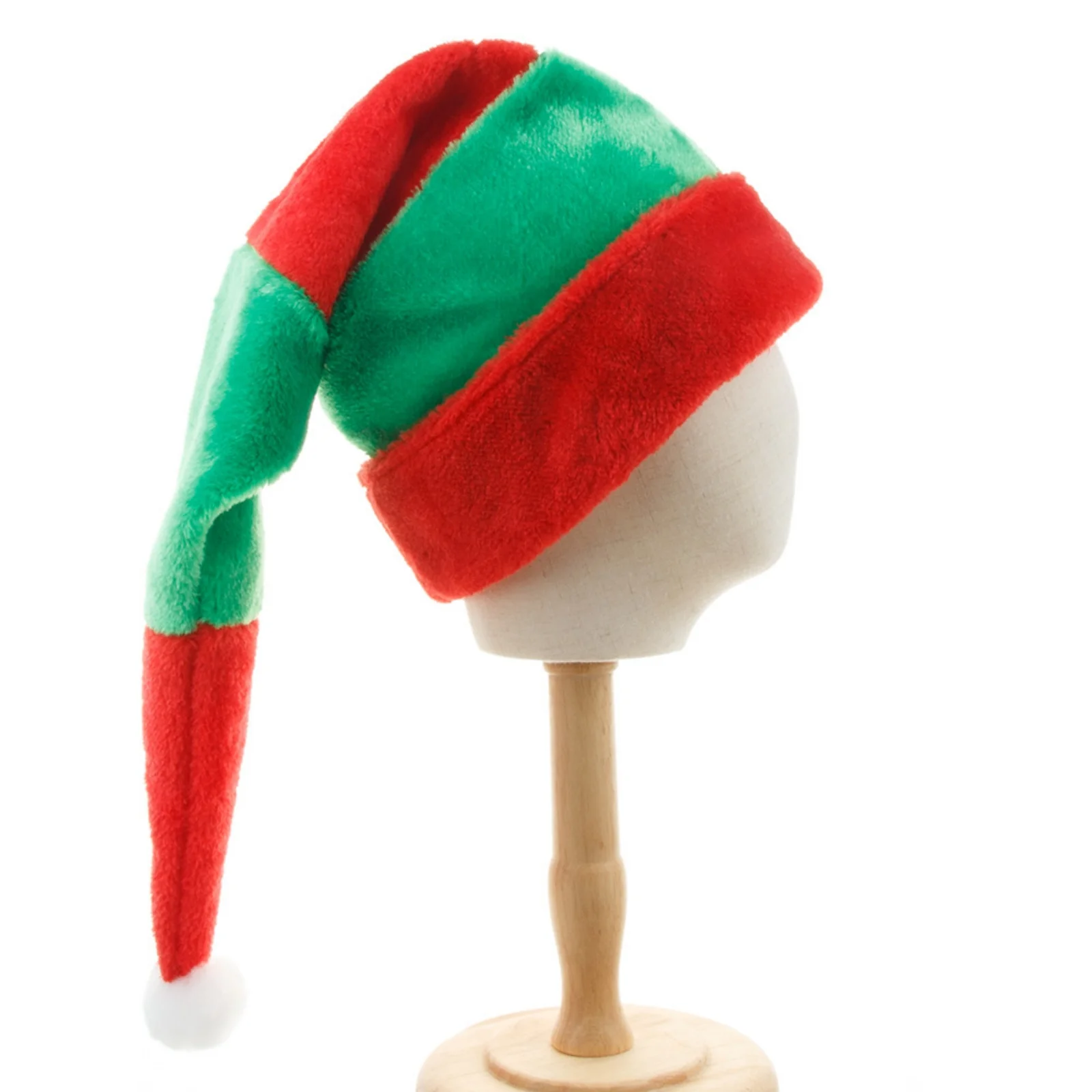 1 x Weihnachtselfenhut – lange spitze Plüschmütze in Rot und Grün mit Bommel, festliches Weihnachtsparty-Kostümzubehör