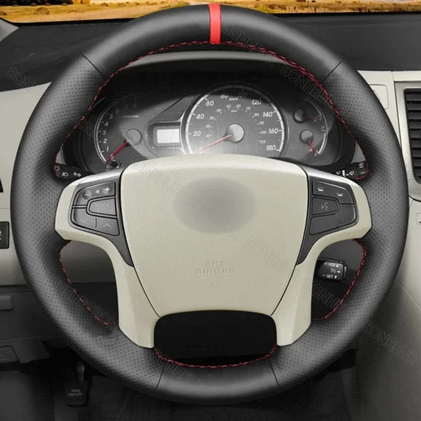 Red Marker Black Leather Car Steering Wheel Cover for Toyota Sienna 2010 2011 2012 2013 2014