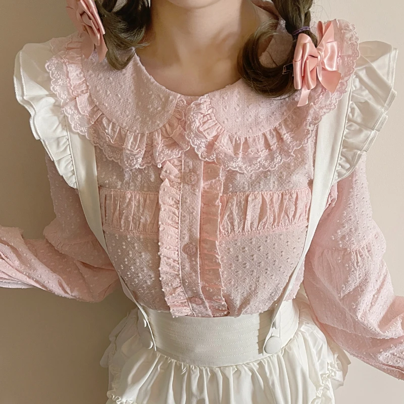 Kawaii Lolita bluzki damskie słodkie słodkie kołnierz piotruś Pan koronkowe falbany bawełniane koszule Top Vintage elegancka, długa rękawy Blusas