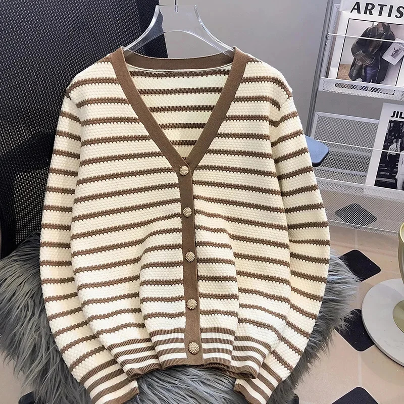 

Early Autumn Simple Wave Stripe Knitted Cardigan Coat Women's New Contrast V-Neck Long Sleeve Loose Versatile Top Outwear Fashio