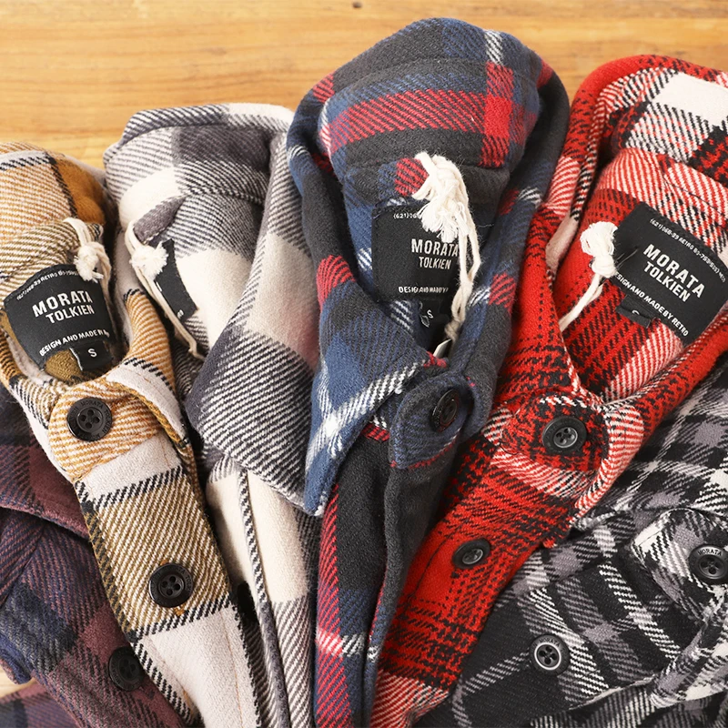 Autumn Winter New American Retro Heavyweight Flannel Plaid Shirt Men\'s Pure Cotton Washed Thickened Casual Cargo Blouses Coat