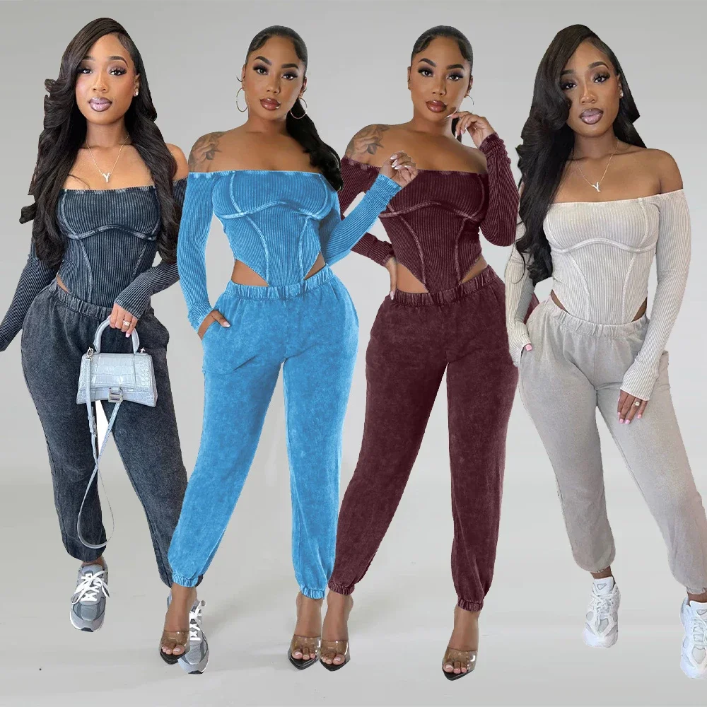 

Women Fall Joggers Tracksuits Bodysuits Two Piece Pant Sets Winter Elegant Outfits Crop Tops Ribbed 2 Piece Pant Sets Sweatsuits