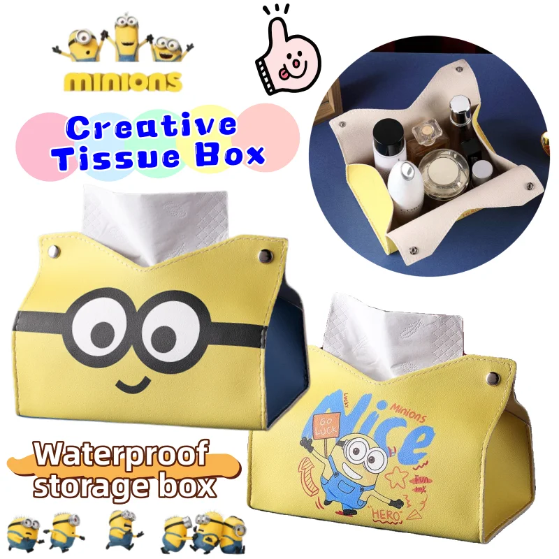 New Minions Creative High-Value Leather Tissue Box  High-Value Living Room Home Tissue Box Face Towel Waterproof Storage Box