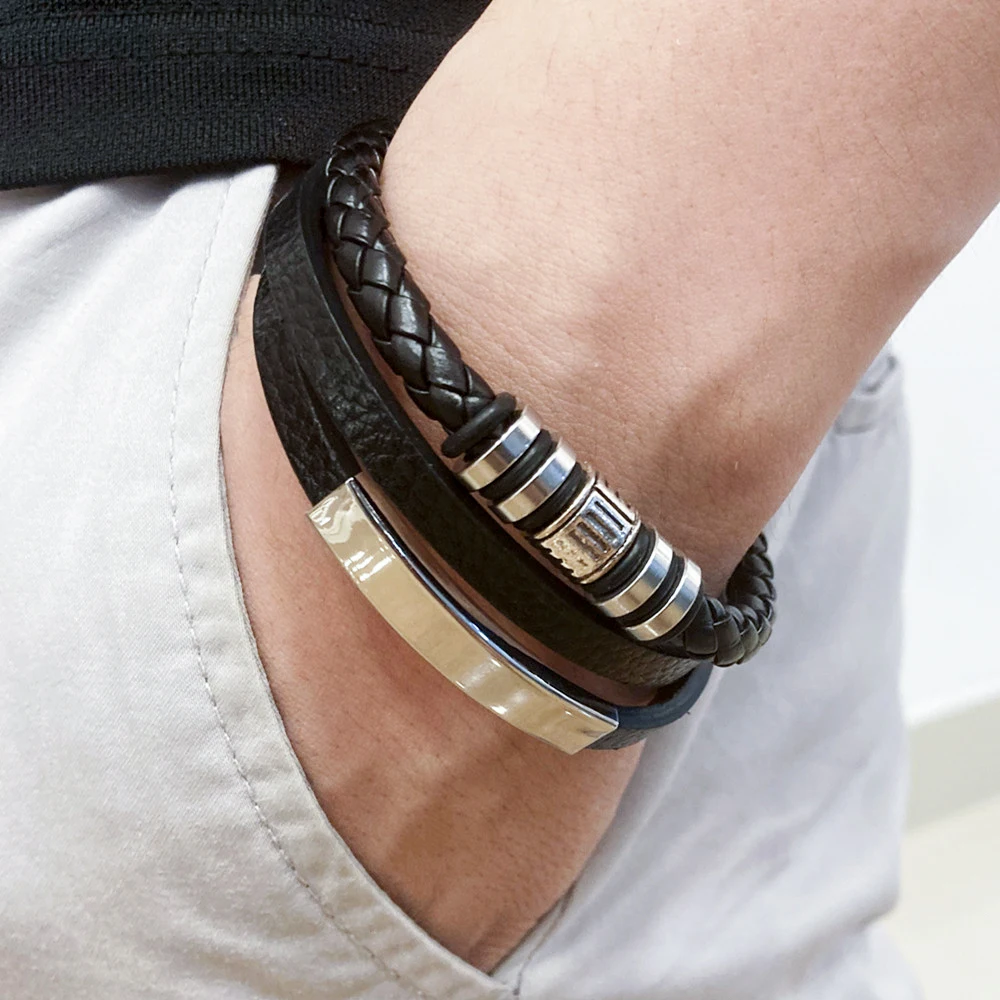 Trendige Lederarmbänder für Männer, Edelstahlarmband, 21 cm, mehrschichtige geflochtene Seilarmbänder für männliche Schmuckgeschenke