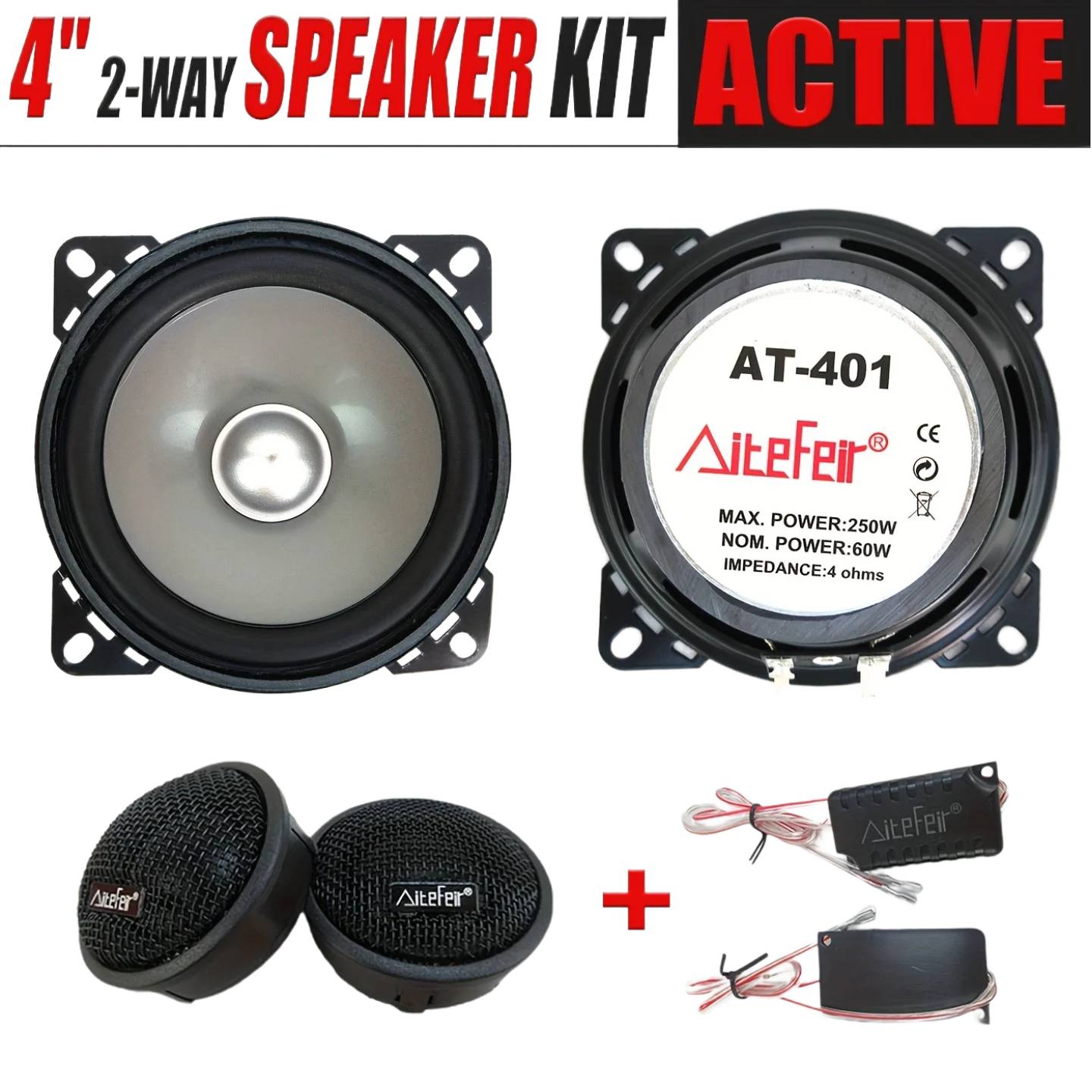 Sistema de Altavoces Activos para Auto de 4 Pulgadas y 2 Vías, 250W de Potencia Máxima, Audio para Auto con Tweeter de Titanio y Crossover, Cono de PP de 4 Ohmios, Mid-Woofer