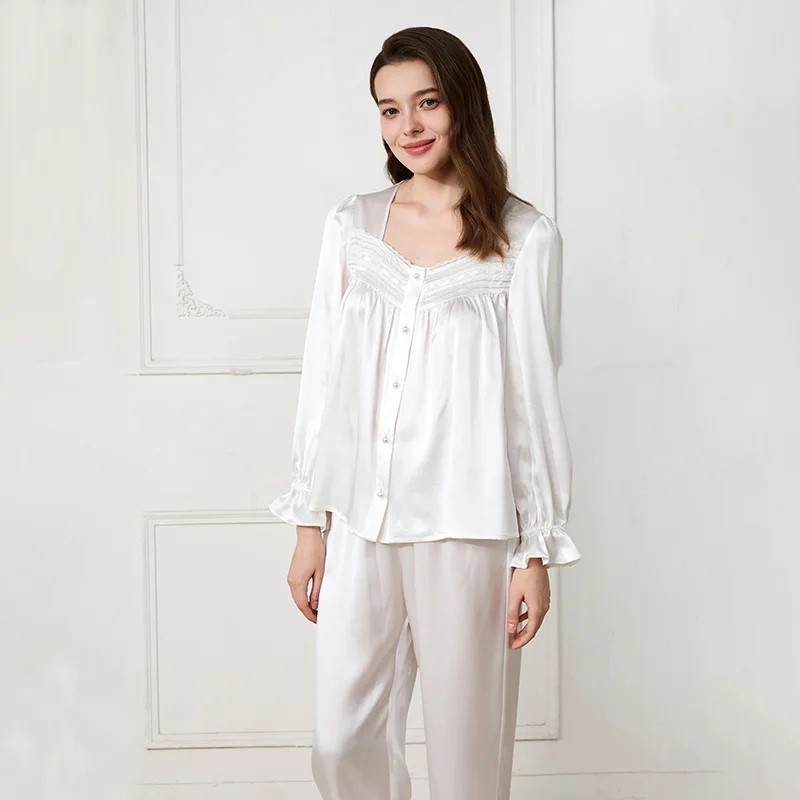 French 100% Mulberry Silk Women Pajamas Set White Lace Ruffle Cuff Button Down Long Pants Nightwear Loungewear Gift For Brides