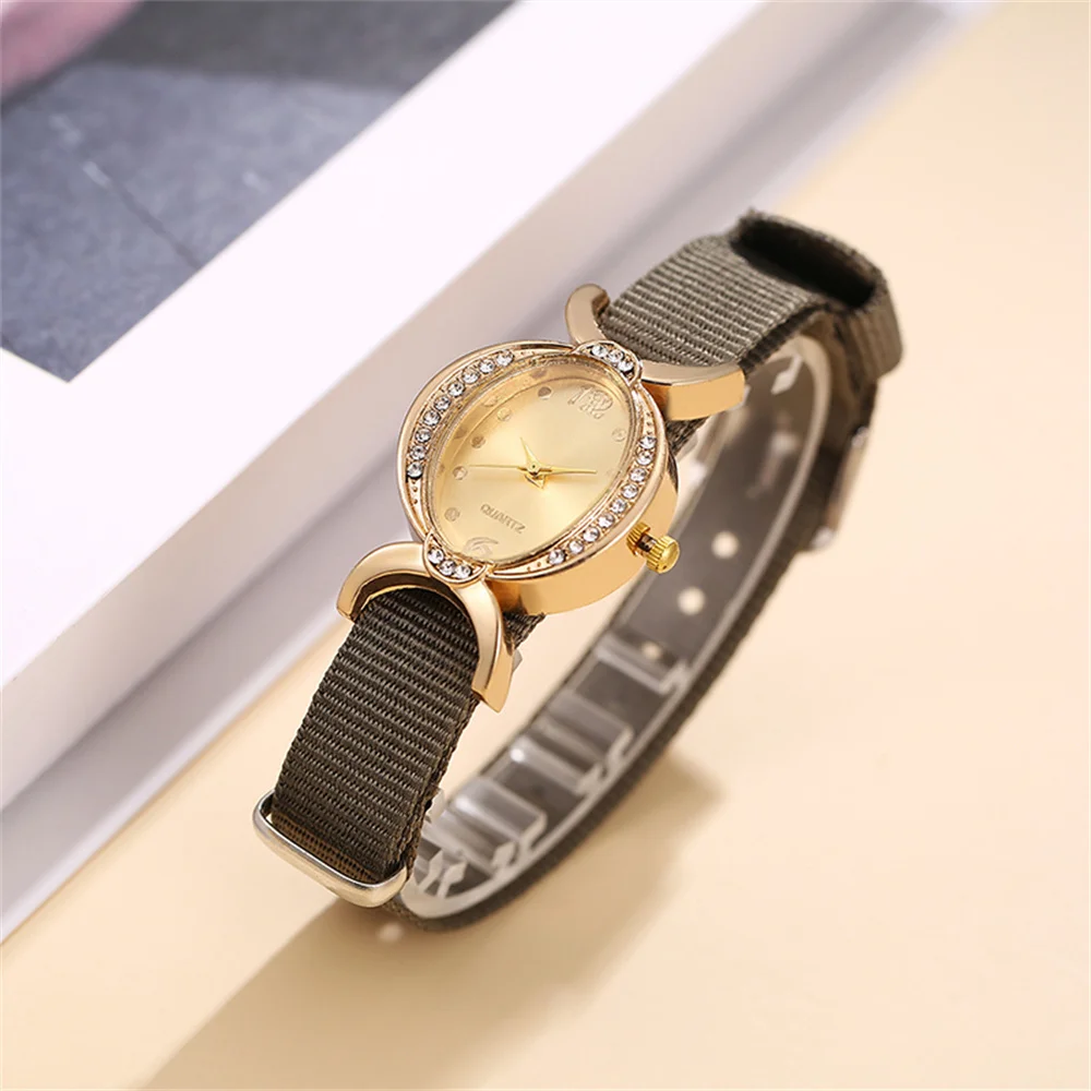 Elegant Women's Oval Crystal Watch Gold Tone Nylon Strap Quartz Wristwatch Ladies Casual Dress Watch