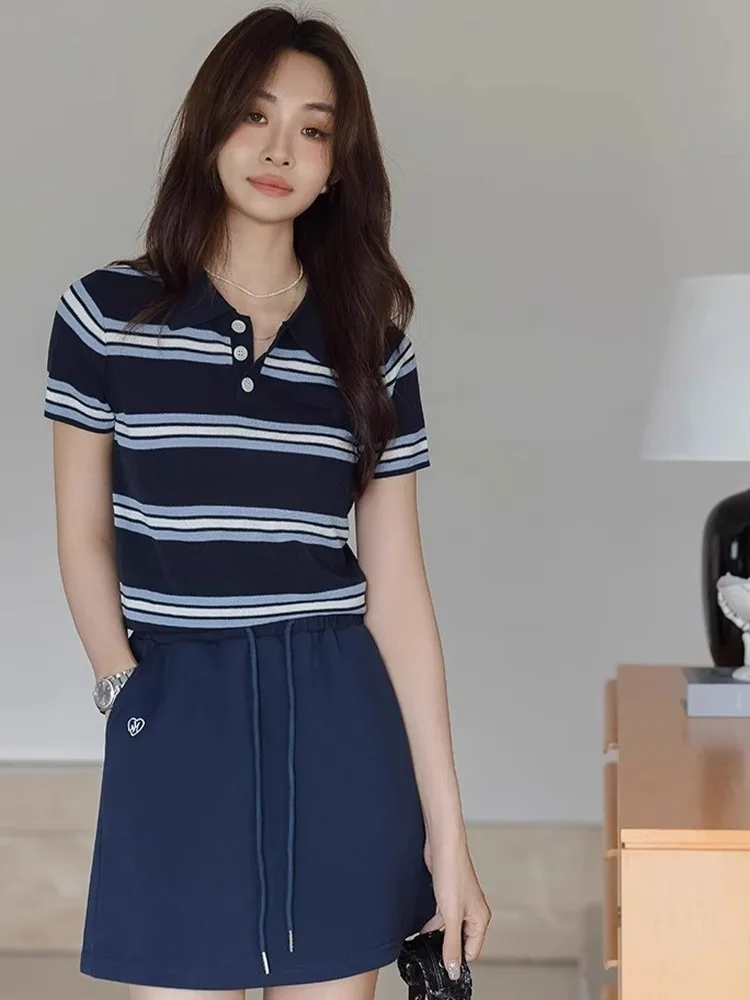 

Soft Skin-Friendly f-Open Knitted Ice Silk Top Summer 2025 Color Blo Striped Korean Sle Commute Straight Cut irt