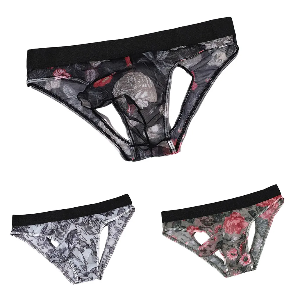 Men Print Ultra-thin Briefs See Through Man Underwear Pouch Sissy Middle Waist Underpants Breathable