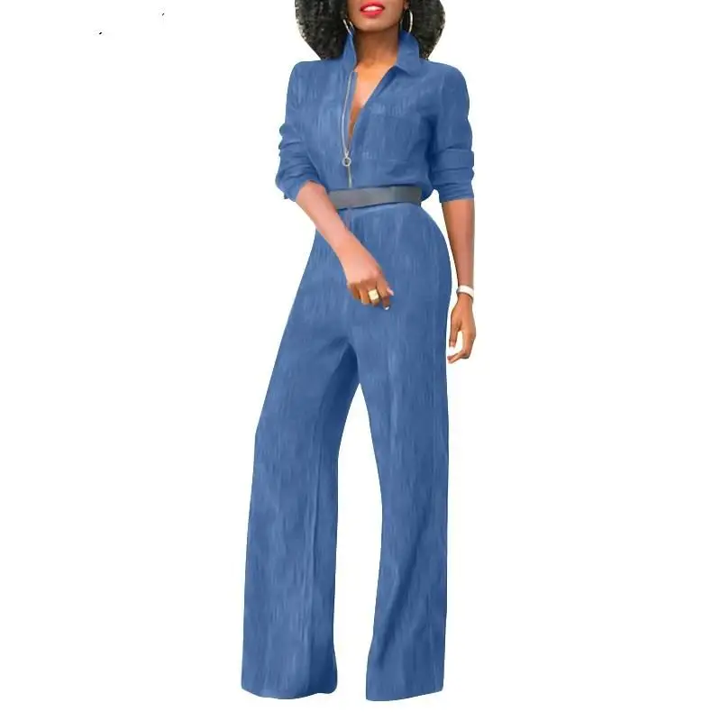 

Large Zipper Denim Women's Jumpsuit mid Waist Long Pants Leather Fabric Summer Collection Faion Ladies' One-Piece Suit