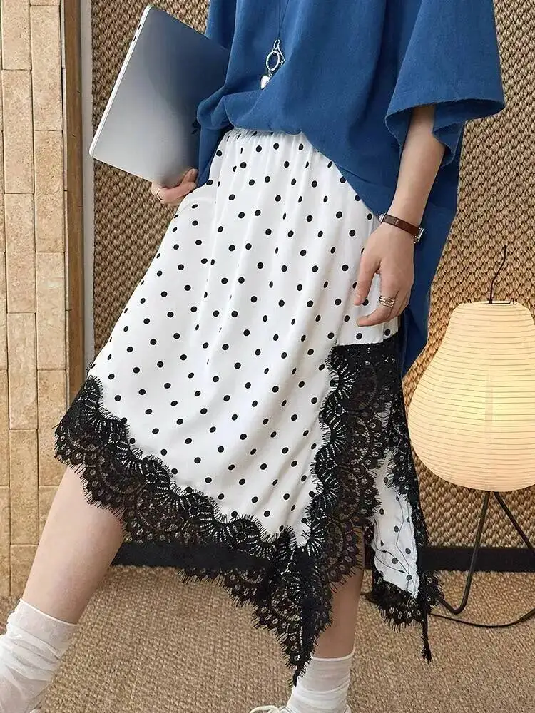 Waist High Elastic Black Dot Printed Lace Irregular A-line Half-body Skirt Women Fashion New Spring Summer 2026 XXYP