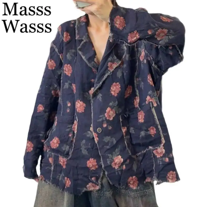 

Mass Wasss, осенние женские винтажные дизайнерские модные куртки с принтом, 2025 г., женские свободные повседневные пальто с v-образным вырезом, классическая верхняя одежда с цветочным принтом
