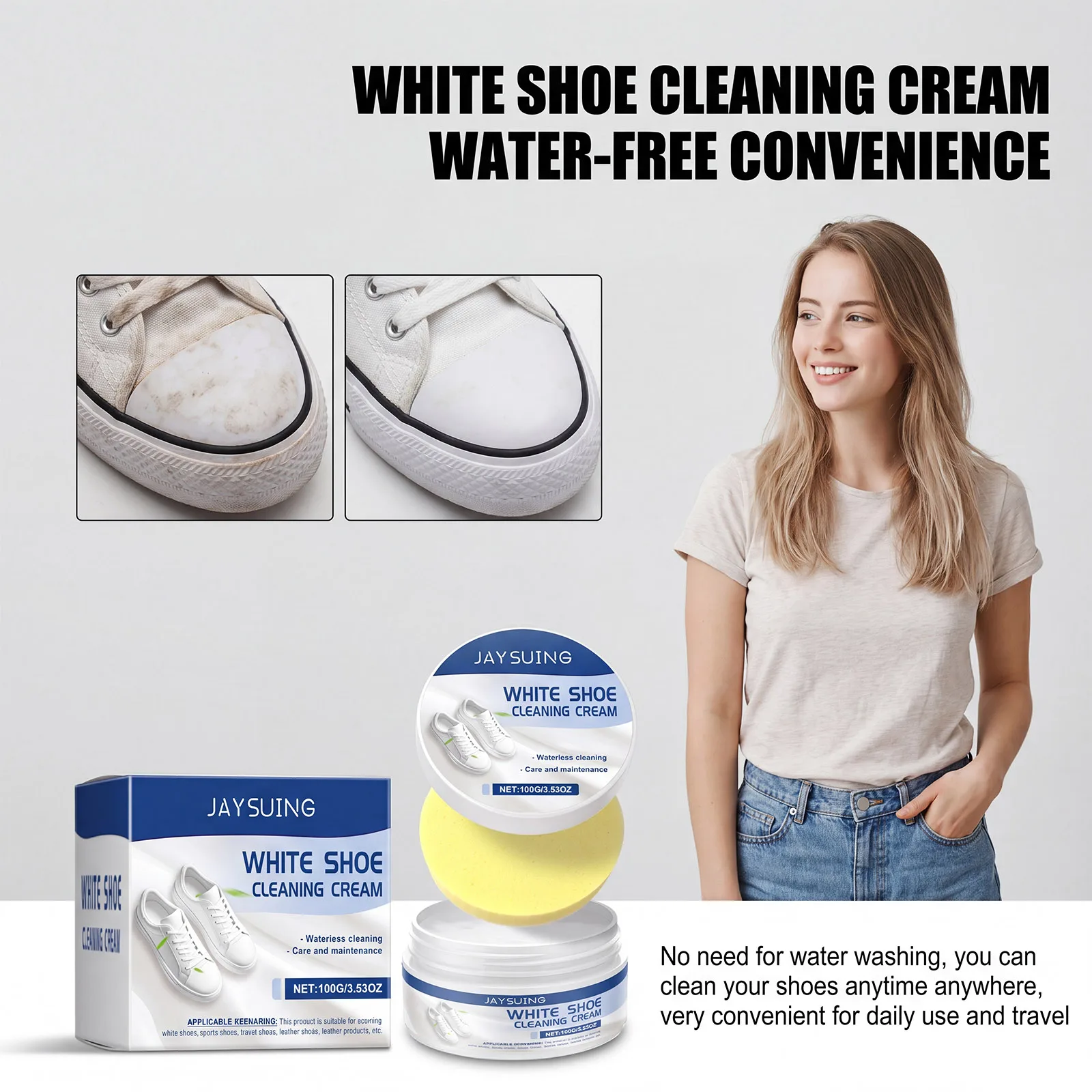 100G White Shoe Cleaning Paste Stain Dirt Remover Gentle No Wash Sneaker Care Cream With Sponge Applicator Leather Canvas Mesh
