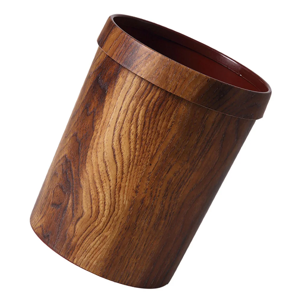 

Large Capacity Wood Grain Trash Bin Plastic Round Garbage Can For Bathroom Bedroom Kitchen Home Office Waste Container