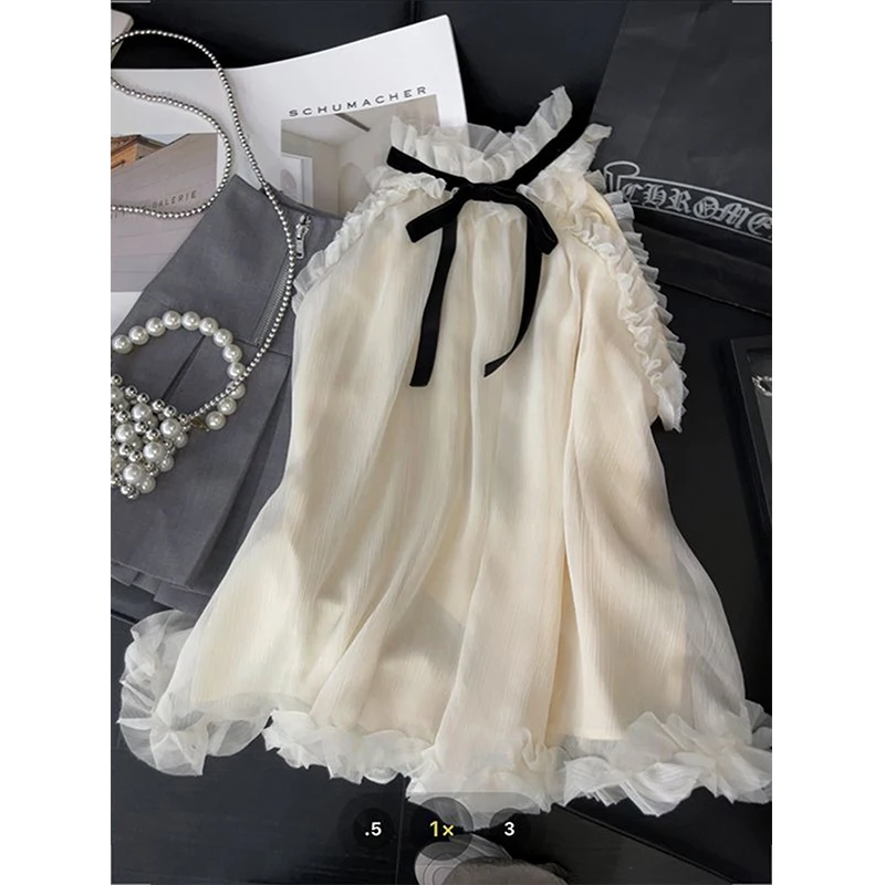 Elegan kemeja busur wanita Vintage seksi Halter tanpa lengan blus musim panas kantor wanita Korea Off Shoulder semua cocok atasan Chic baru