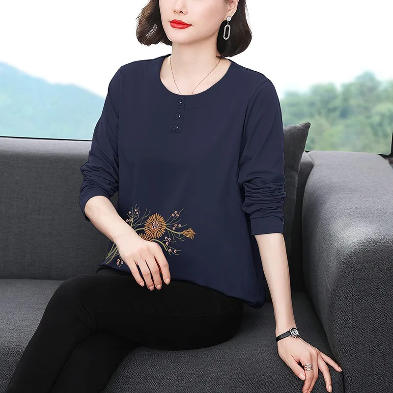 Elegant Women Spring Autumn Floral Print Long Sleeve T-shirt Plus Size Loose Mom Top