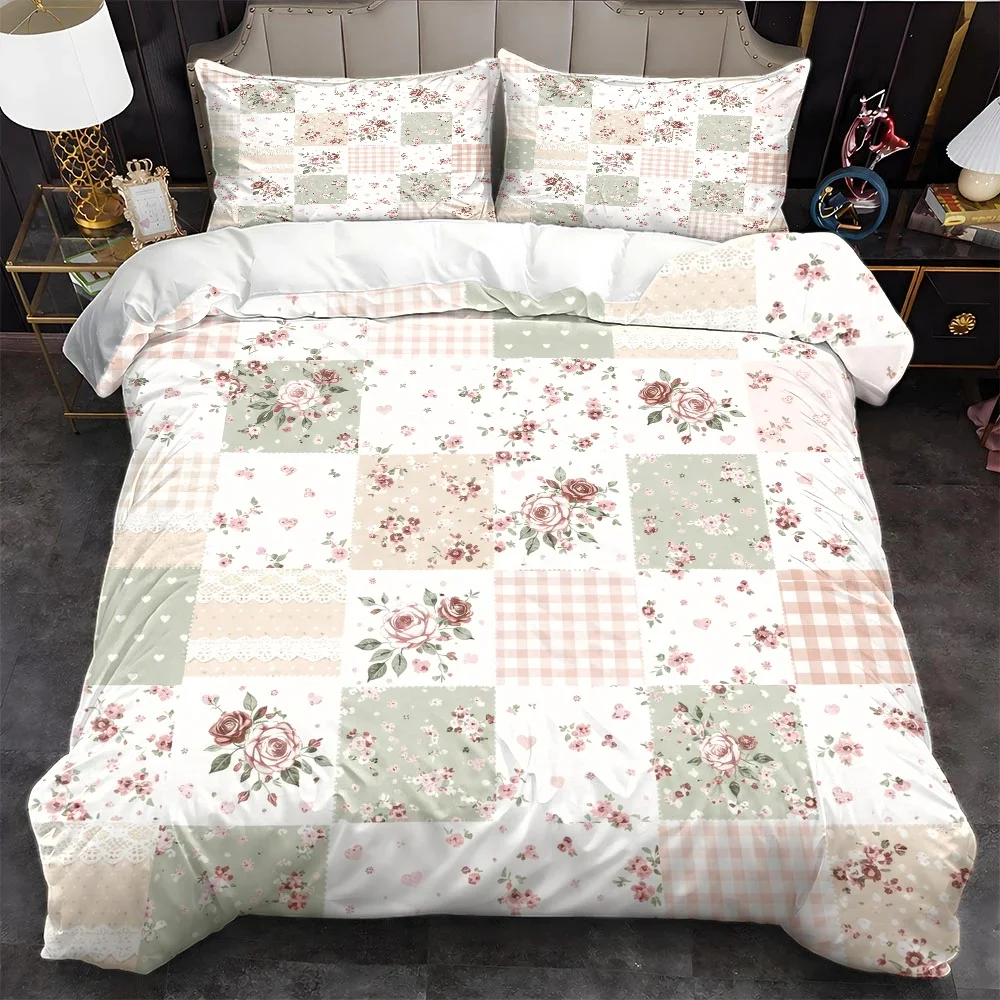 3-piece-pastoral-rose-plaid-patchwork-quilt-cover-set-with-invisible-zipper-machine-washable-bedding-set-for-home-dormitory-bed