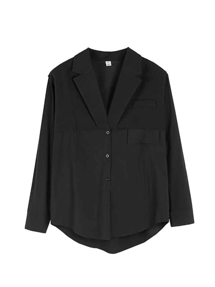 [LANMREM] Designer Spliced Long Sleeve Shirts Women Notched Single Breasted Loose Blouses Fashion Tops 2024 Autumn New CP2991
