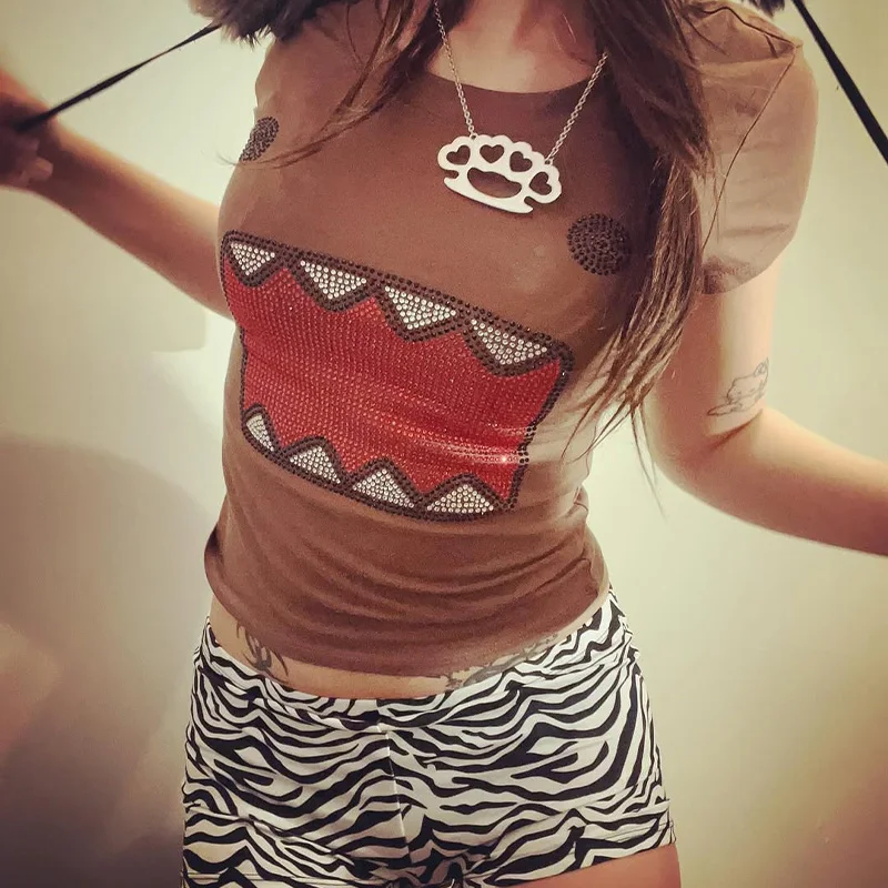 

Новая женская футболка с круглым вырезом и стразами в стиле Y2K, ретро, винтаж, с забавным принтом, лето 2025