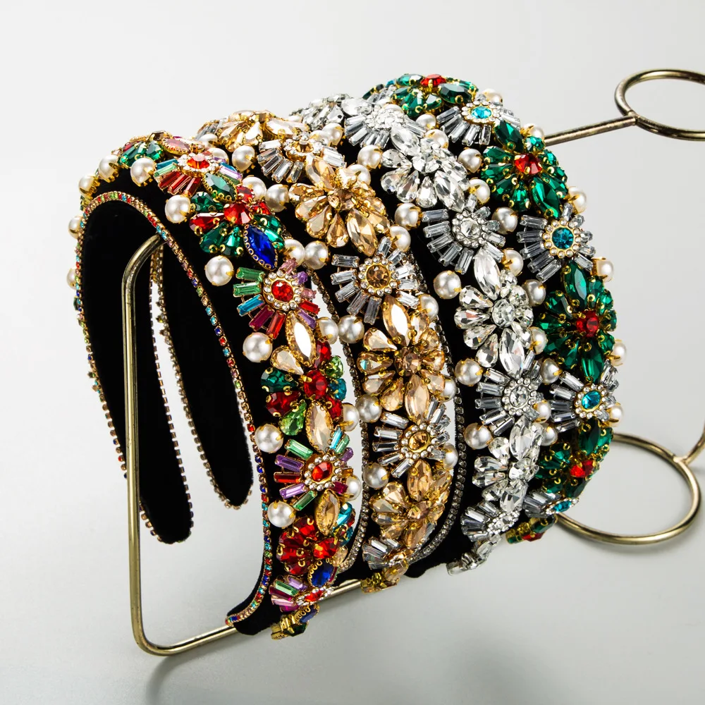 

Rhinestone Padded Headband Baroque Crystal Embellished Hairbands Colorful Beaded Bejewelled HairHoop Accessory for Women Girls