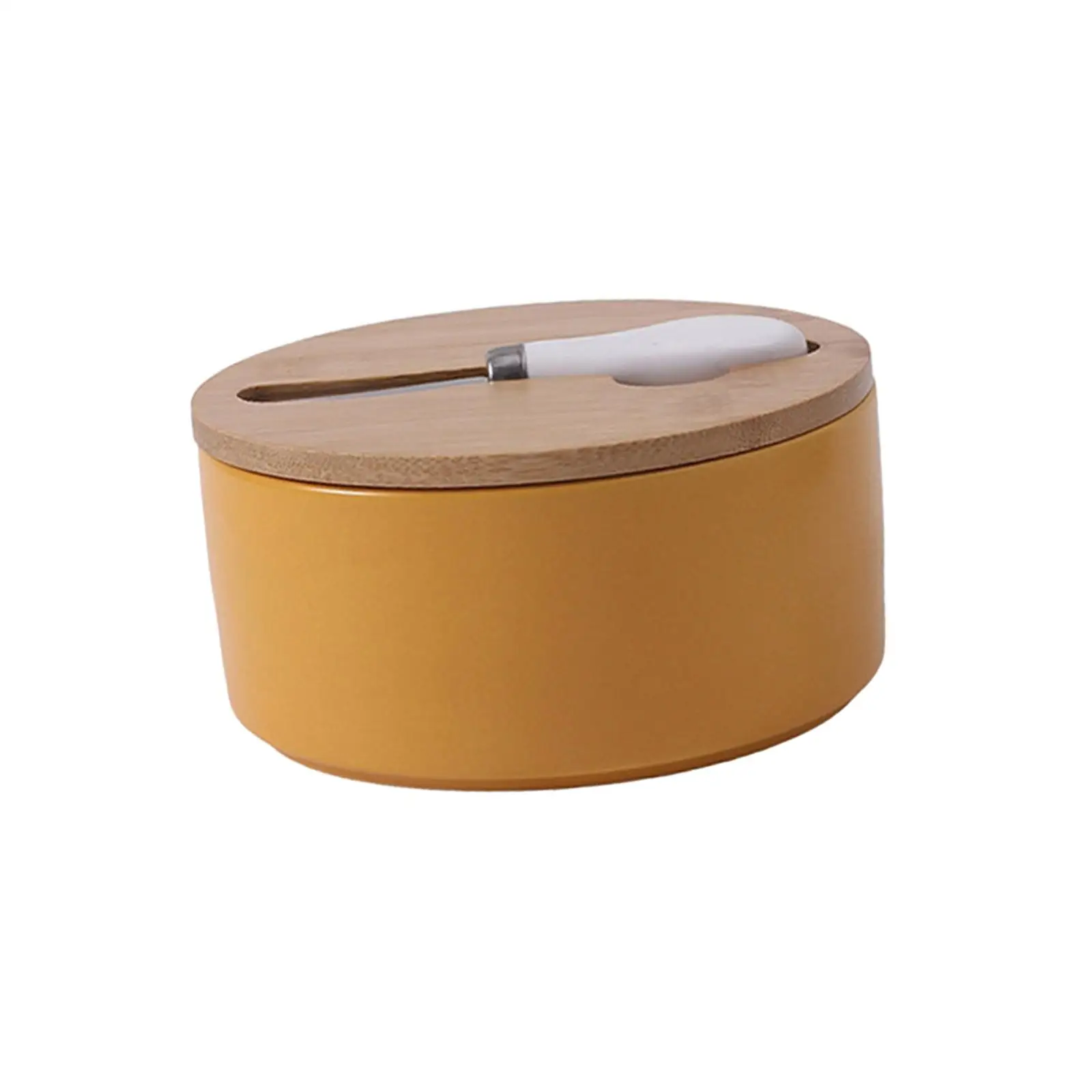 Butter Dish Porcelain Butter Keeper Butter Container with Groove for Knife and Tight Wooden Lid helps keep butter soft and