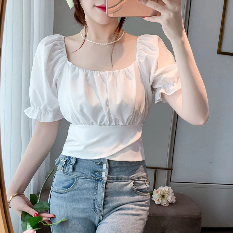 Lucyever 2022 Summer Print Chiffon Blouse Women Korean Square Neck Bandage Cropped Shirts Woman White Ruched Short Sleeve Blusas