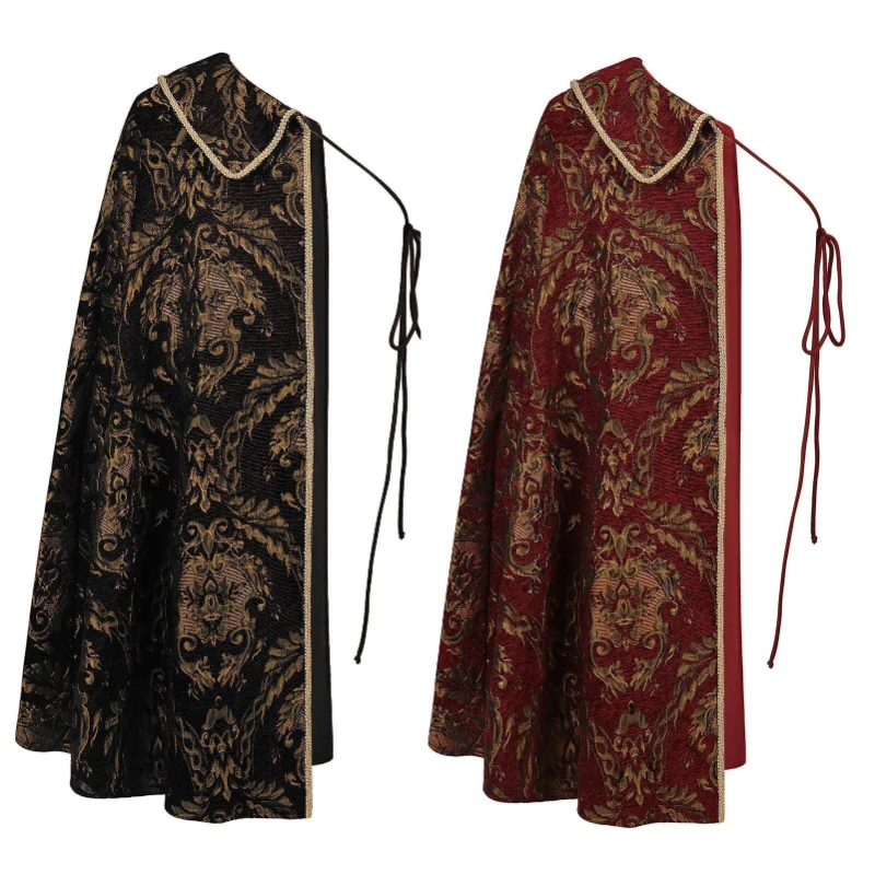 Red Medieval Jacquard Court-Style Half-Shoulder Cloak for Men, Black Renaissance Noble Tudor King Men's Half-Shoulder  Ponchoes