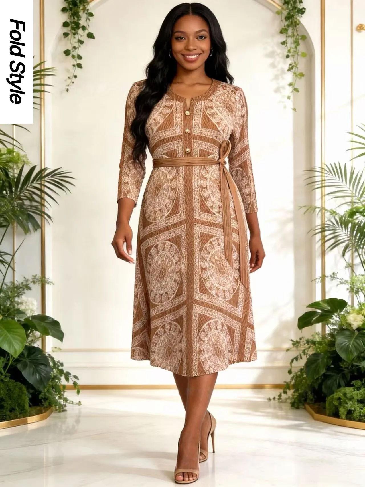 

Новое платье 2026 года в стиле Мияке с асимметричным принтом, свободное африканское платье, женское платье с круглым вырезом, китайская женская одежда