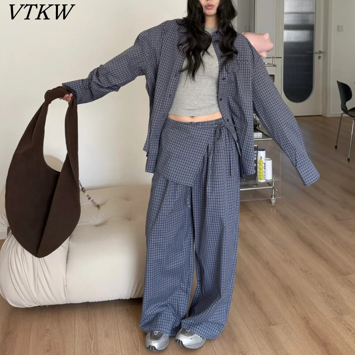 

VTKW Collar Single-button Checked Design 2025 Spring New Style Women's Loose And Versatile Long Pants Two-piece Set