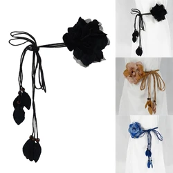 Cinturón de cintura con lazo automático para mujer, cinturón de vestir trenzado bohemio junto al mar con cinturón trenzado de flores, pretina fina con nudo colorido Vintage