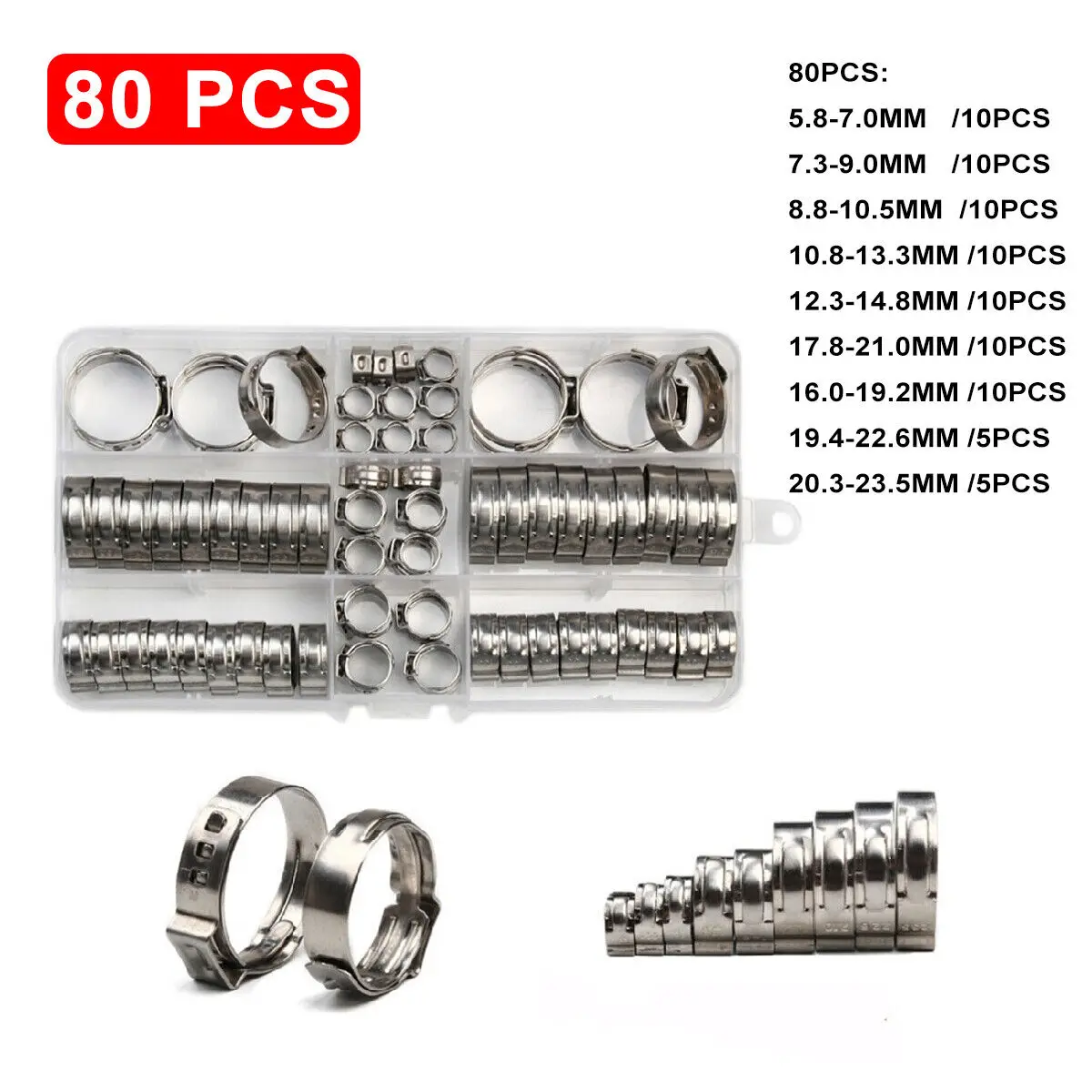 80Pcs Stainless Steel Single 1-Ear Hose Stepless Clamp Assorted Kits 5.8-23.5mm