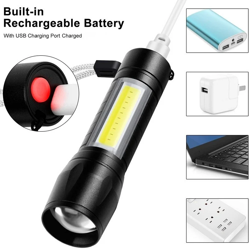 Built In Battery LED MINI Flashlight Zoom Waterproof Aluminum 3 Modes Torch Rechargeable for Camping USB Cabling, Cycling, Work
