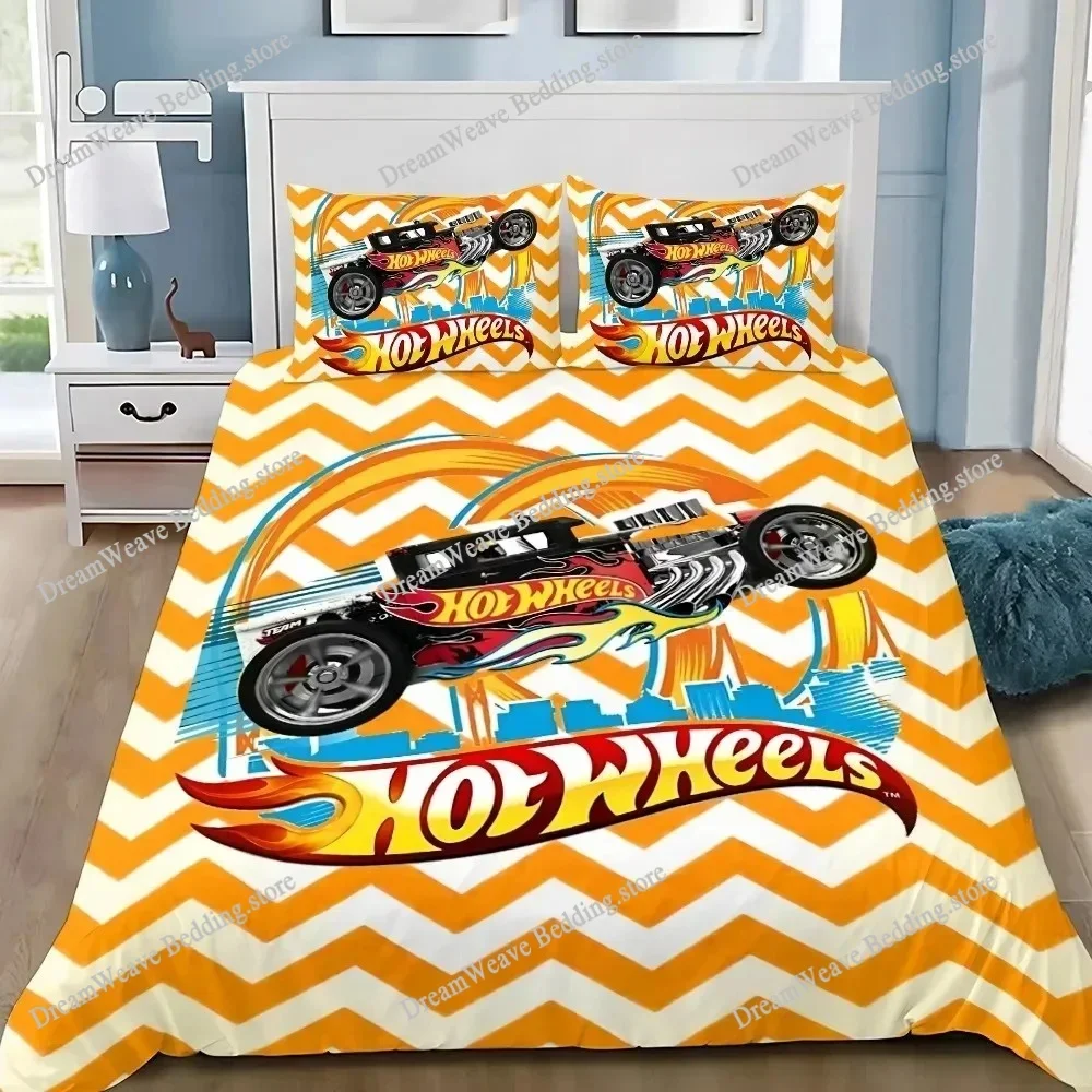 Cartoon H-Hot W-Wheels Bedding Set Race Car Duvet Cover with Pillowcases Comforter Cover for Kids Boys Bedroom Decor Queen