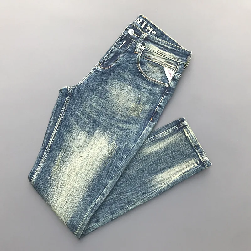High-end retro jeans men's 2024 New Fashion Street slim fit skinny fashion wash thick distressed motorcycle long pants