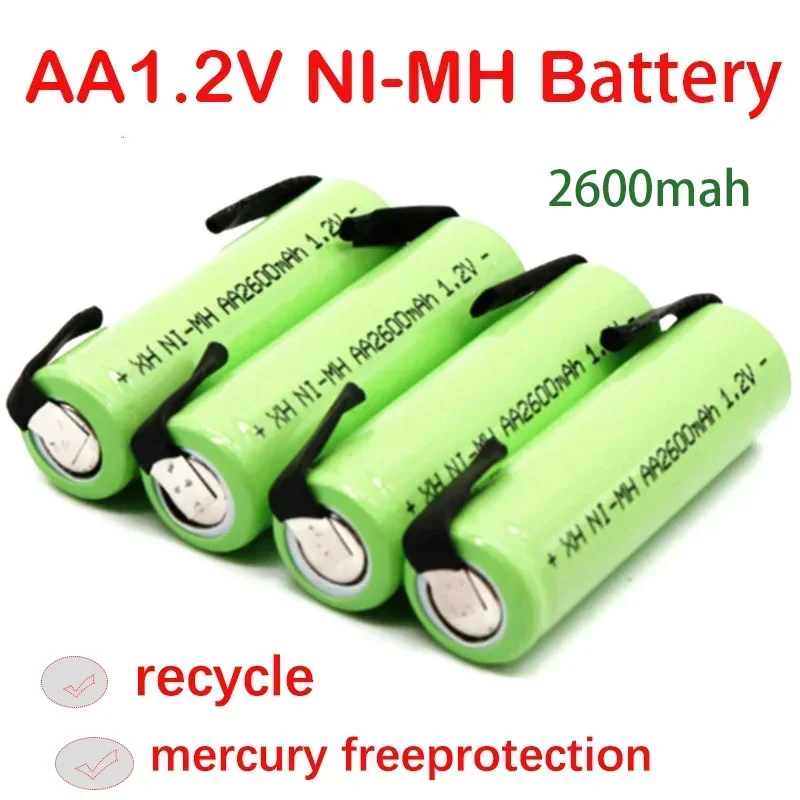 1.2V AA Rechargeable Battery, 2600mah, NI-MH Cell, Green Housing with Solder Tabs for solar lights emergency lights 1.2V battery