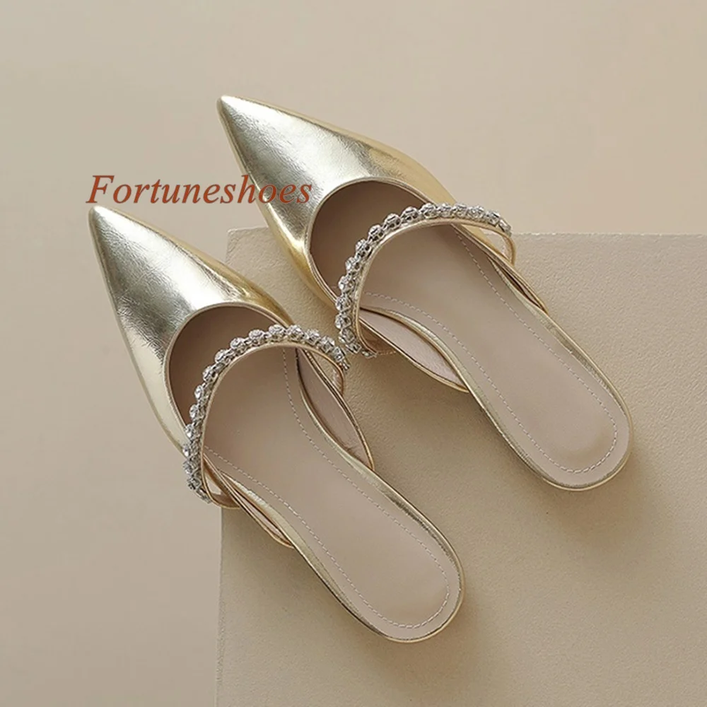 

Rhinestone Crystal Slippers Pointed Toe Chunky Heel Shallow Slip On Solid Women Sandals Spring 2024 Newest Fashion Casual Shoes