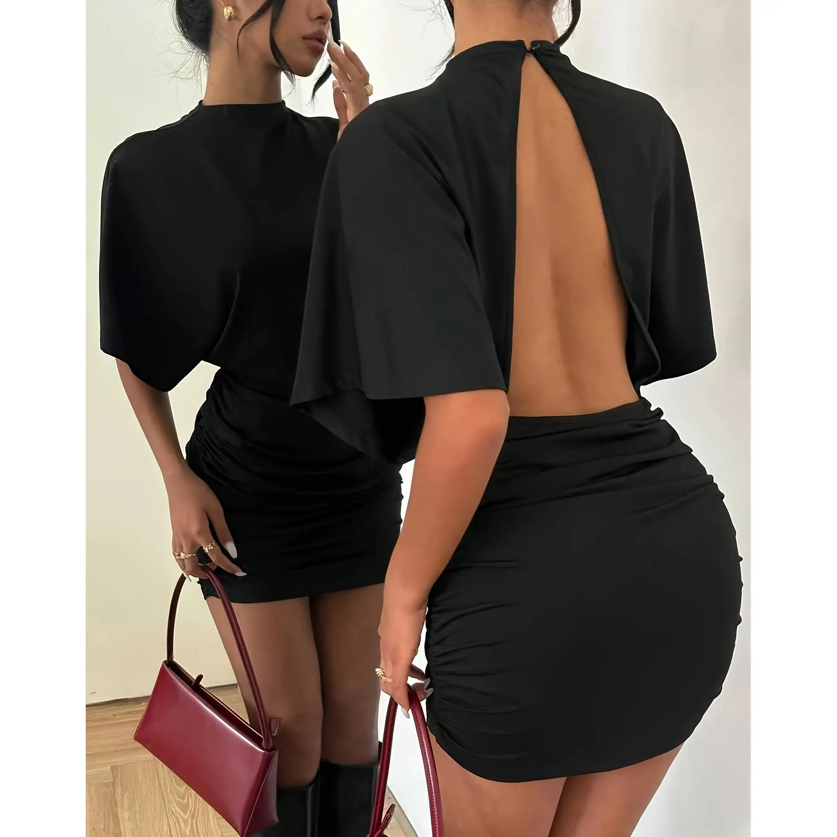Neue Sommerliche Schlanke Sexy Kleider für Frauen Stehkragen Damenkleid Kurzarm Rückenfreies Kleid Damen Vestidos De Verano Mujer