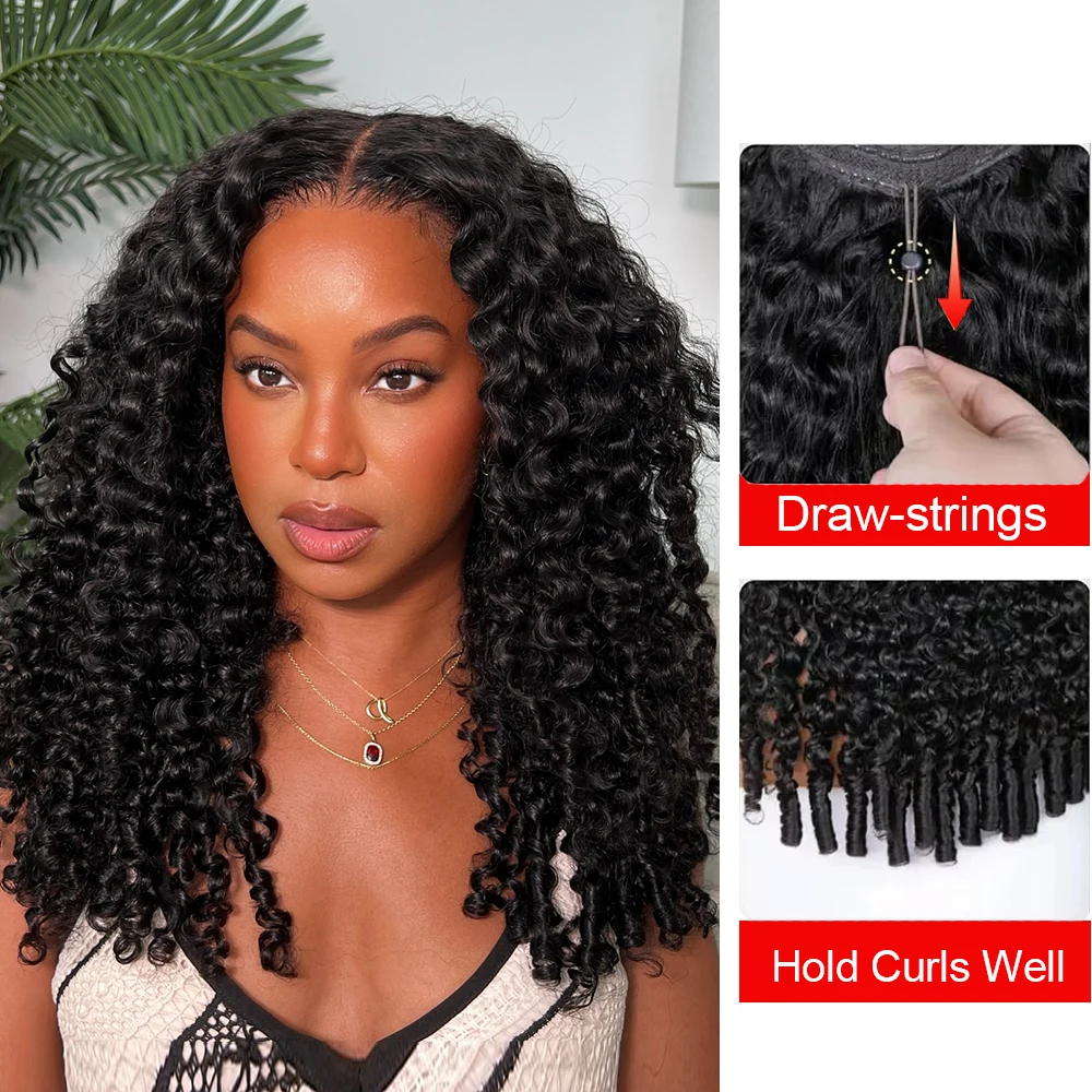 Perruques mi-tête bouclées birmanes sans colle en cheveux humains de Malaisie avec cordon de serrage et clip sans couture, densité 250, perruques bouclées pour femmes, idéales pour les débutantes