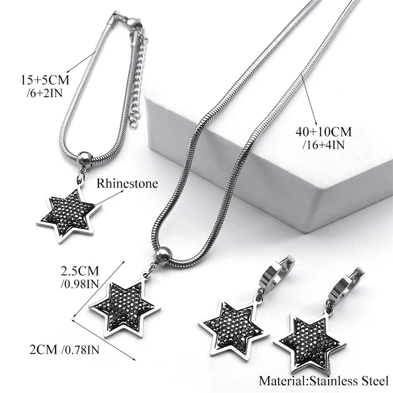 Israel Magen Star of David Jewelry Set Women Men Stainless Steel Jewish Hexagram Amulet Snake Chain Necklace Earrings Bracelet