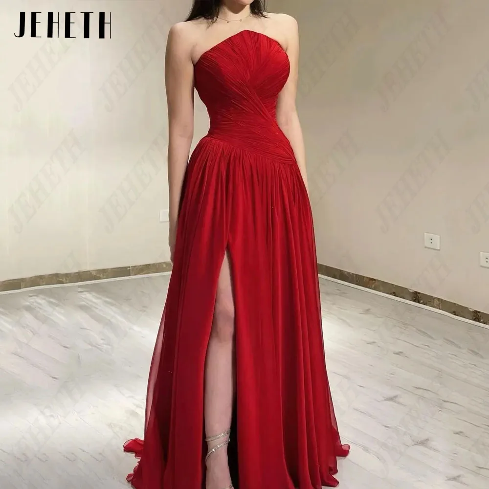 JEHETH Chiffon Evening Dresses Strapless Sleeveless A-Line Floor-Length Party Dress Side Split Saudi Arabia Women\'s Formal Dress