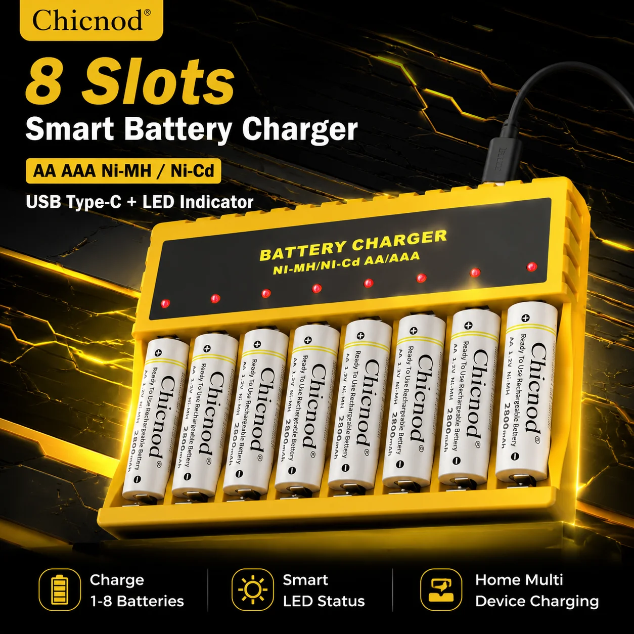 Chicnod N802 8 Slot AA AAA Battery Charger Ni-MH Ni-Cd Rechargeable Battery Charger LED Indicator USB Type-C Smart Charger