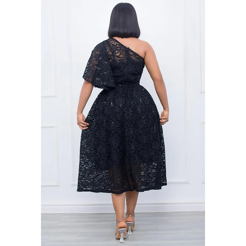 Plus Size Black Daily One Shoulder Lace Cut Out Midi Dresses