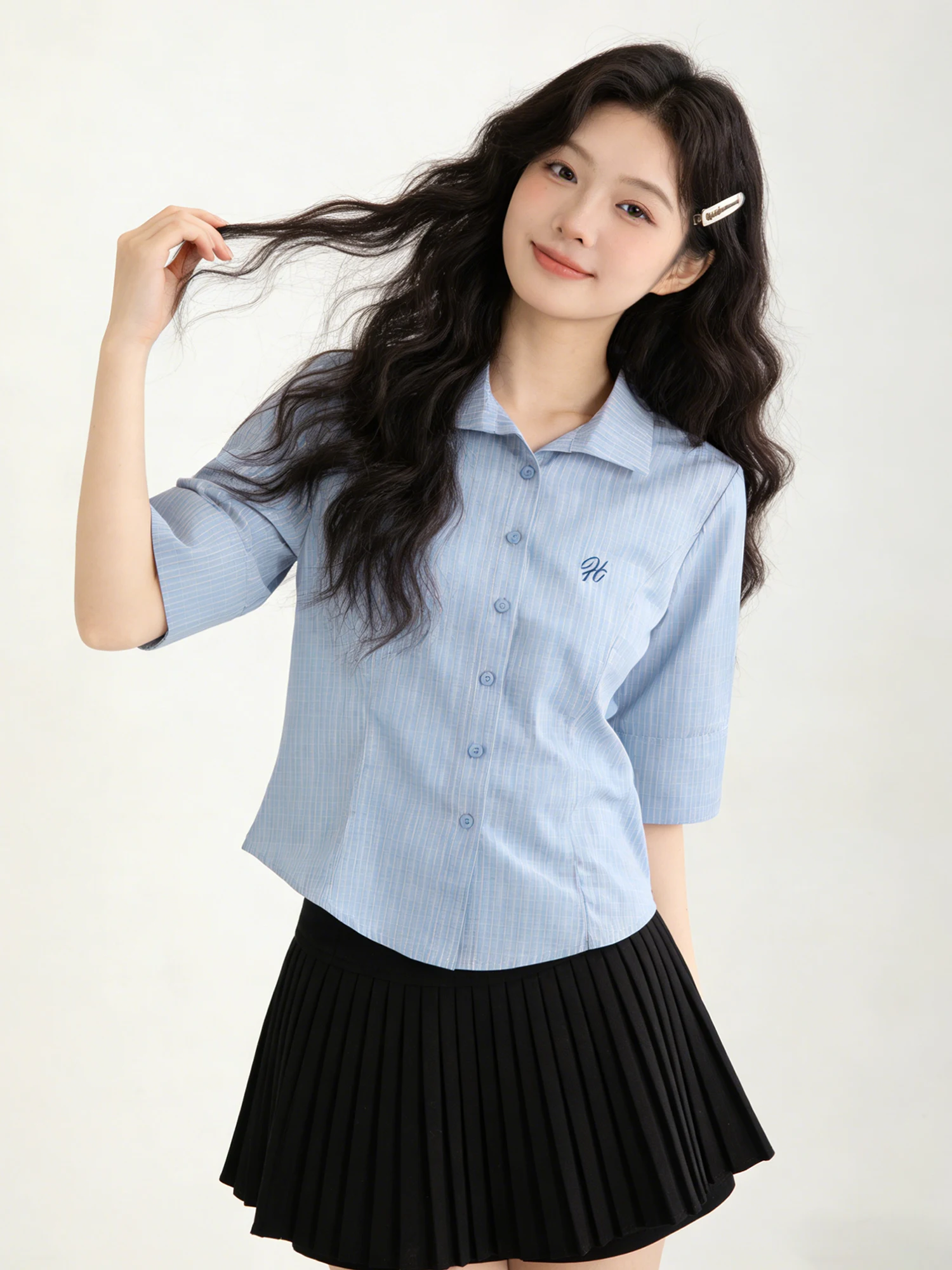 

Blue Embroidered Slim Fit Shirt Women's Summer New Style Collared mid Sleeve Cotton Casual Wear Daily Look College Style
