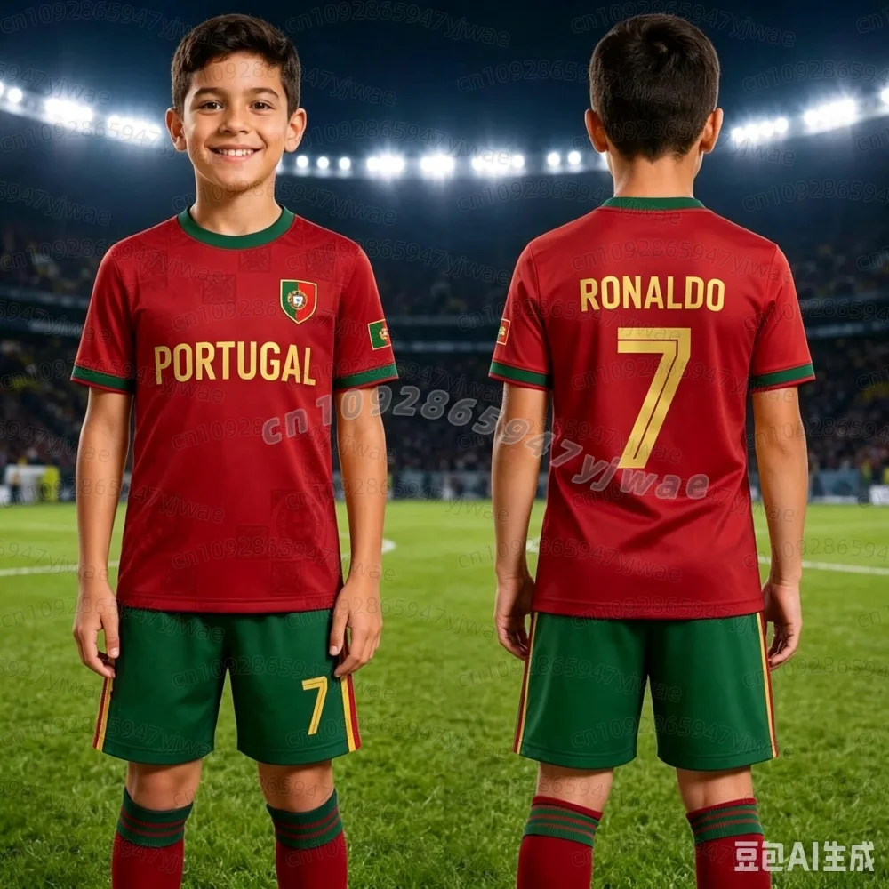 26 Sommer Jungen Ronaldo Nr. 7 Fußballtrikot T-Shirt Shorts Set Damen Herren PORTUGAL Fan-Shirt Shorts Set Kinder Trainingsanzug 2-teiliges Set – Detail 14