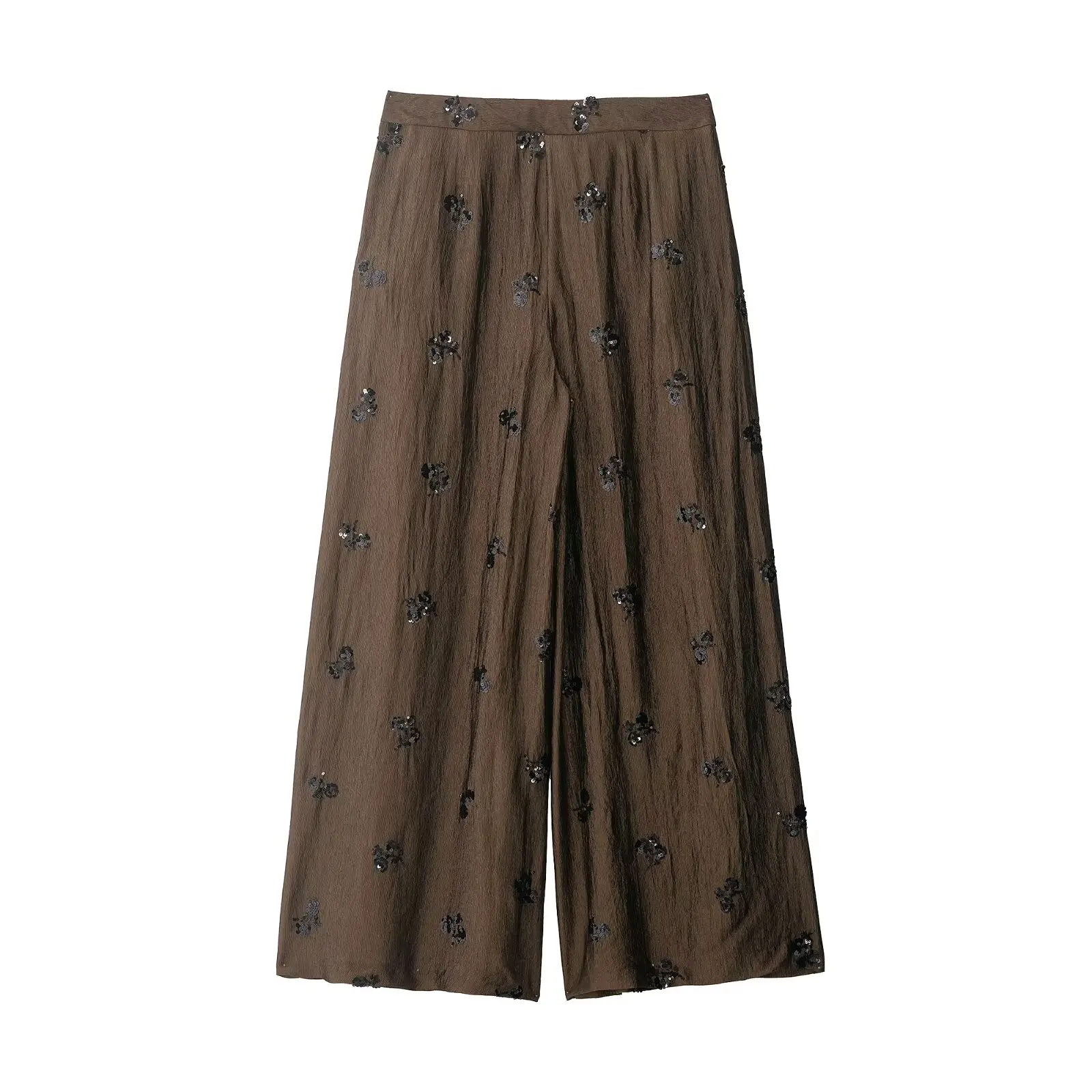 Willshela Women Fashion With Sequined Front Zipper Wide Leg Pants Vintage High Waist Full Length Female Chic Lady Trousers